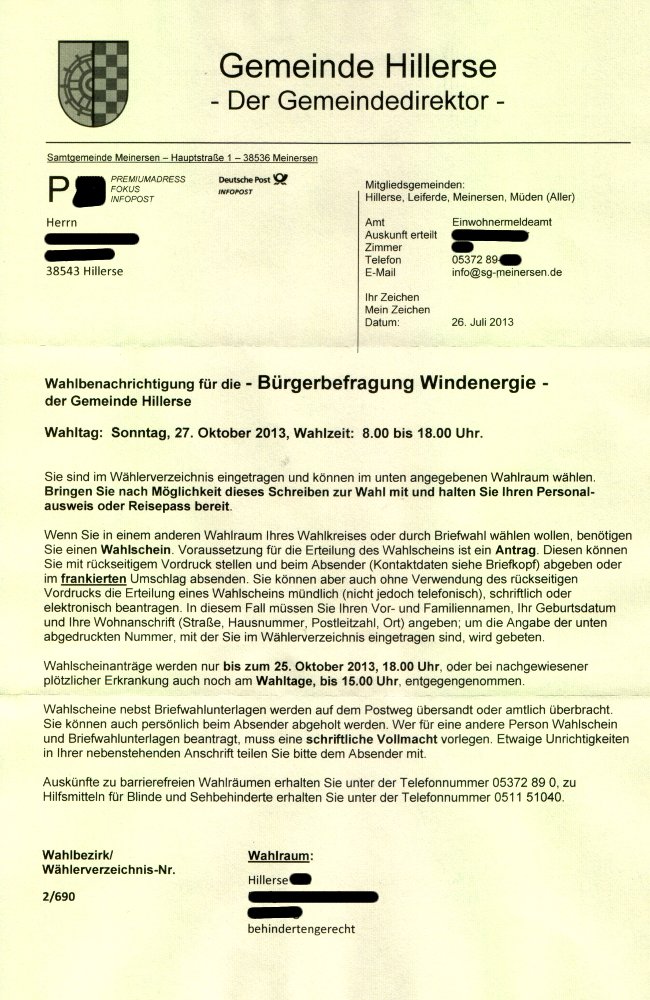 Wahlbenachrichtigung Windkraftanlage